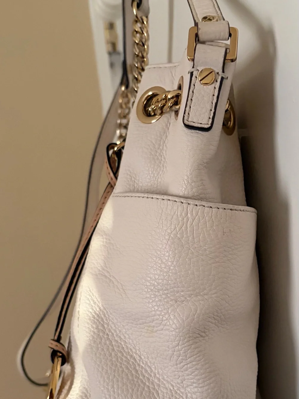Michael Kors Ivory Pebbled Leather Shoulder Tote with Gold Hardware